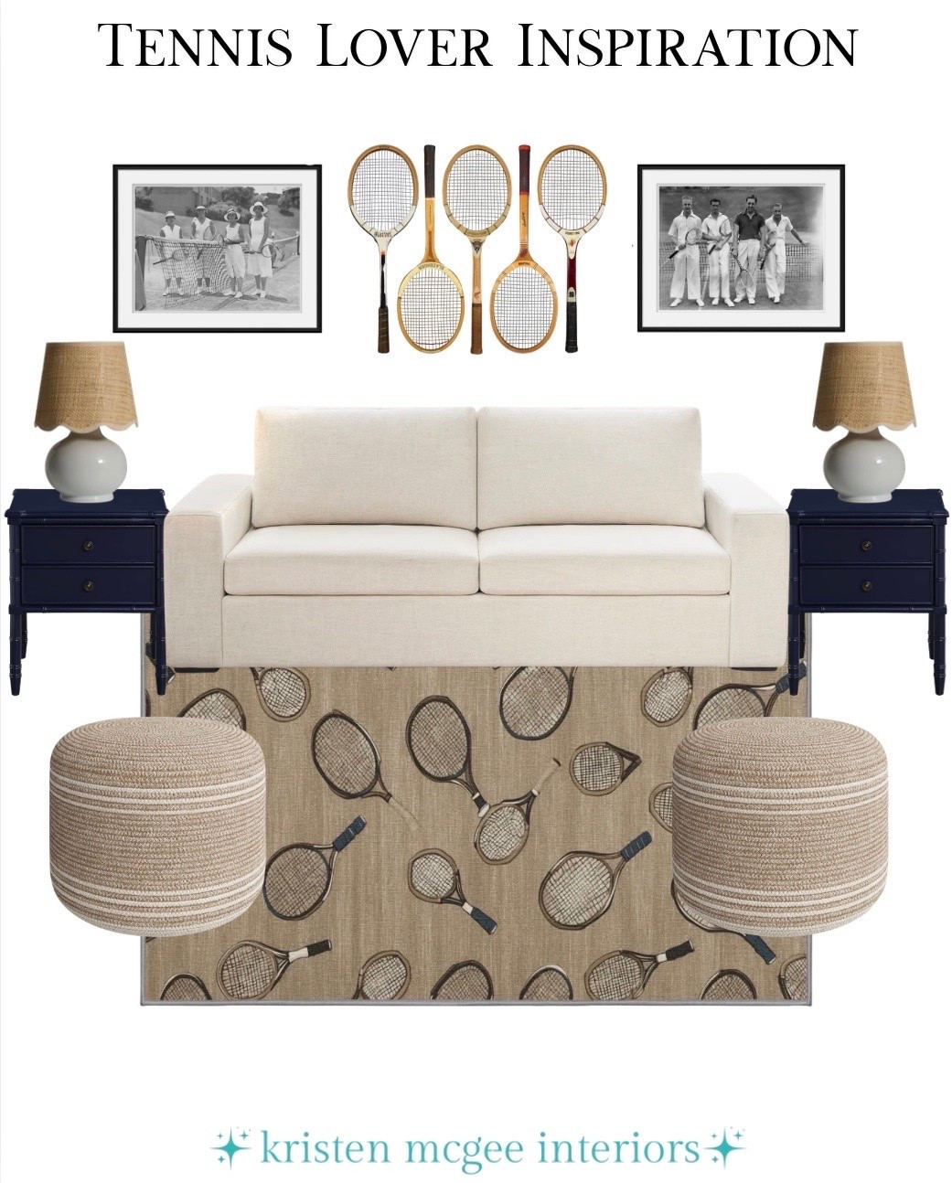 A timeless take on tennis inspired interiors. Vintage racquets, classic navy accents, woven textures, and tailored furnishings create sophisticated space that feels both sporty and collected. Perfect for the tennis enthusiast who loves traditional design with a modern twist!🎾🤩✨🤍 #LTKcreator #LTKdiml

#LTKHome