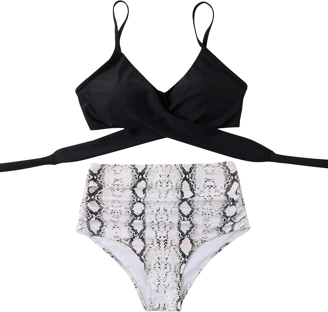 RUUHEE Women Criss Cross High Waisted String Floral Printed 2 Piece Bathing Suits | Amazon (US)