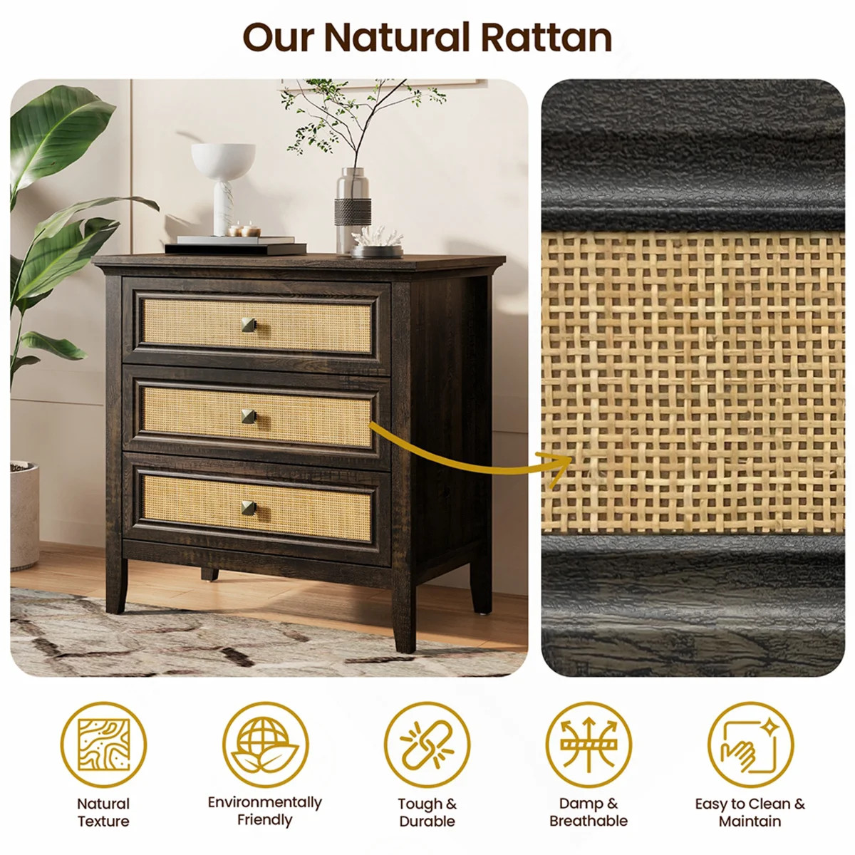 3 Drawer Dresser Rattan Dresser Wood Chest of Drawers Farmhouse Closet Dressers Modern Bedside Ta... | Wayfair North America