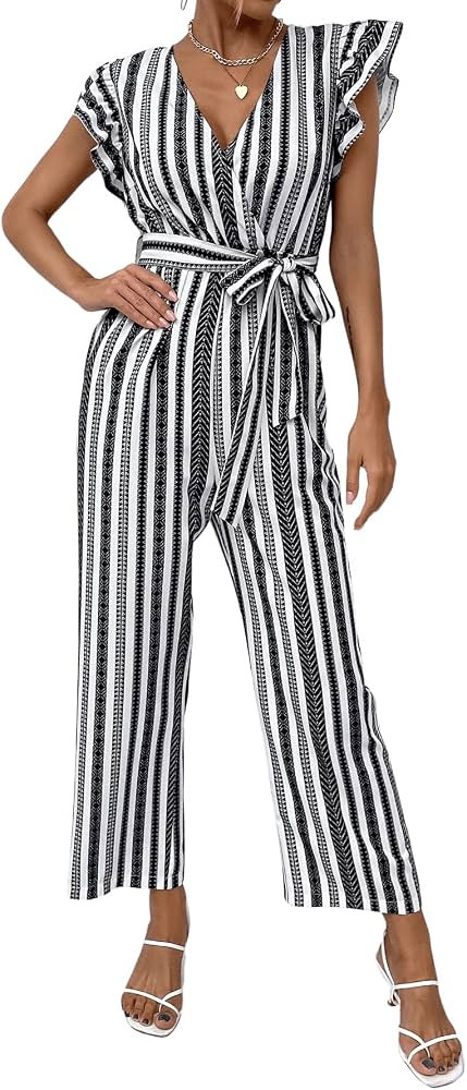 SweatyRocks Women's Striped Cap Sleeve Wrap V Neck Belted Jumpsuit Ruffle Trim Long Romper | Amazon (US)