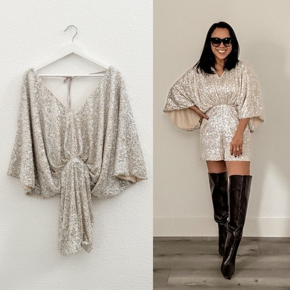 Champagne Sequin Kimono Sleeve Romper | Open Back Tie | Party Cocktail (S) | Poshmark