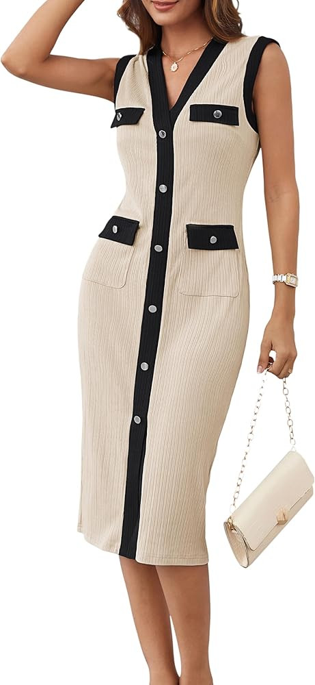 GRACE KARIN Women's Summer Sleeveless Midi Dresses Casual Knit V Neck Button Elegant Bodycon Work... | Amazon (US)