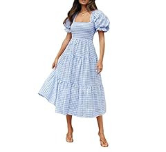 ZESICA Women's Bohemian Summer Plaid Square Neck Puff Sleeve Ruffle Flowy Beach Midi Dress | Amazon (US)
