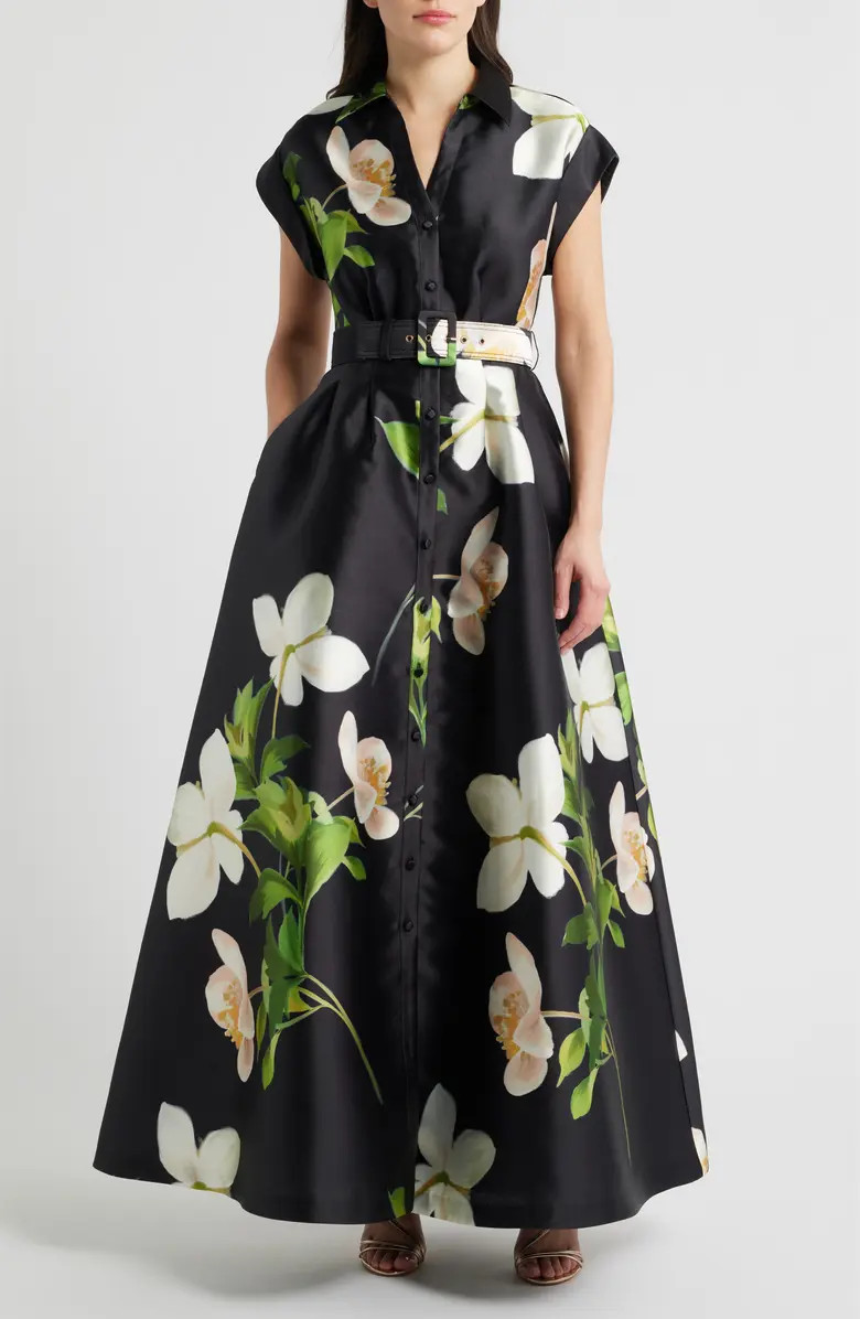 Belted Floral Mikado Shirtdress | Nordstrom