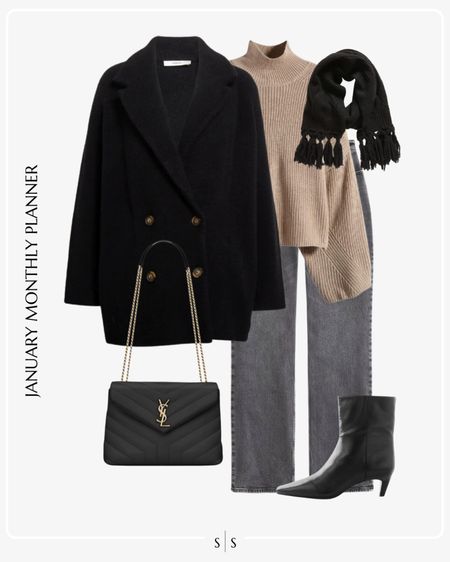 Monthly outfit planner: JANUARY: Winter looks | mockneck sweater, high rise grey wash straight jean, pom scarf, ankle boot, pea coat 

See the entire calendar on thesarahstories.com ✨ 

#LTKstyletip