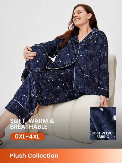 LUVLETTE Women  Plus Winter Comfortable Star Print Velour Button-Up Long Pajama Set Women's Slee... | SHEIN