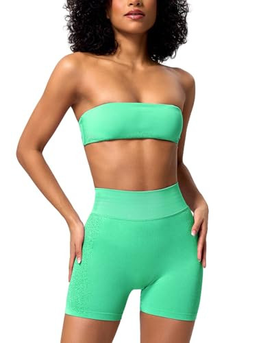 ABOCIW Workout Sets for Women Twist Back Bandeau Sports Bra Seamless Scrunch Butt Lifting High Waist Gym Shorts 2 Piece Yoga Outfits Green Small | Amazon (US)