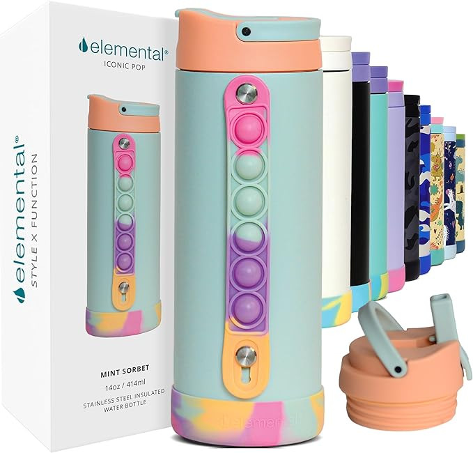 Elemental Iconic Kids Water Bottle with Straw Lid & Stress Relief Pop It Handle, Leak-Proof When ... | Amazon (US)