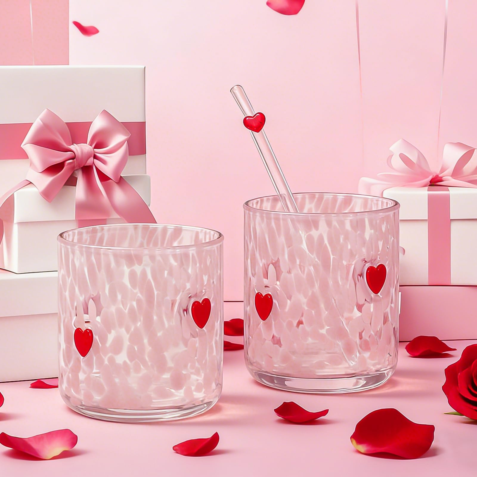 Whaline 2Pcs Valentine's Day Icon Juice Glass with Straw Wine Glasses Pink Red Heart Stemless Coc... | Amazon (US)