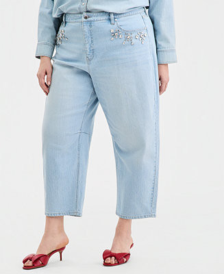 Trendy Plus Size Embellished Cropped Barrel-Leg Jeans, Macy's Exclusive | Macy's