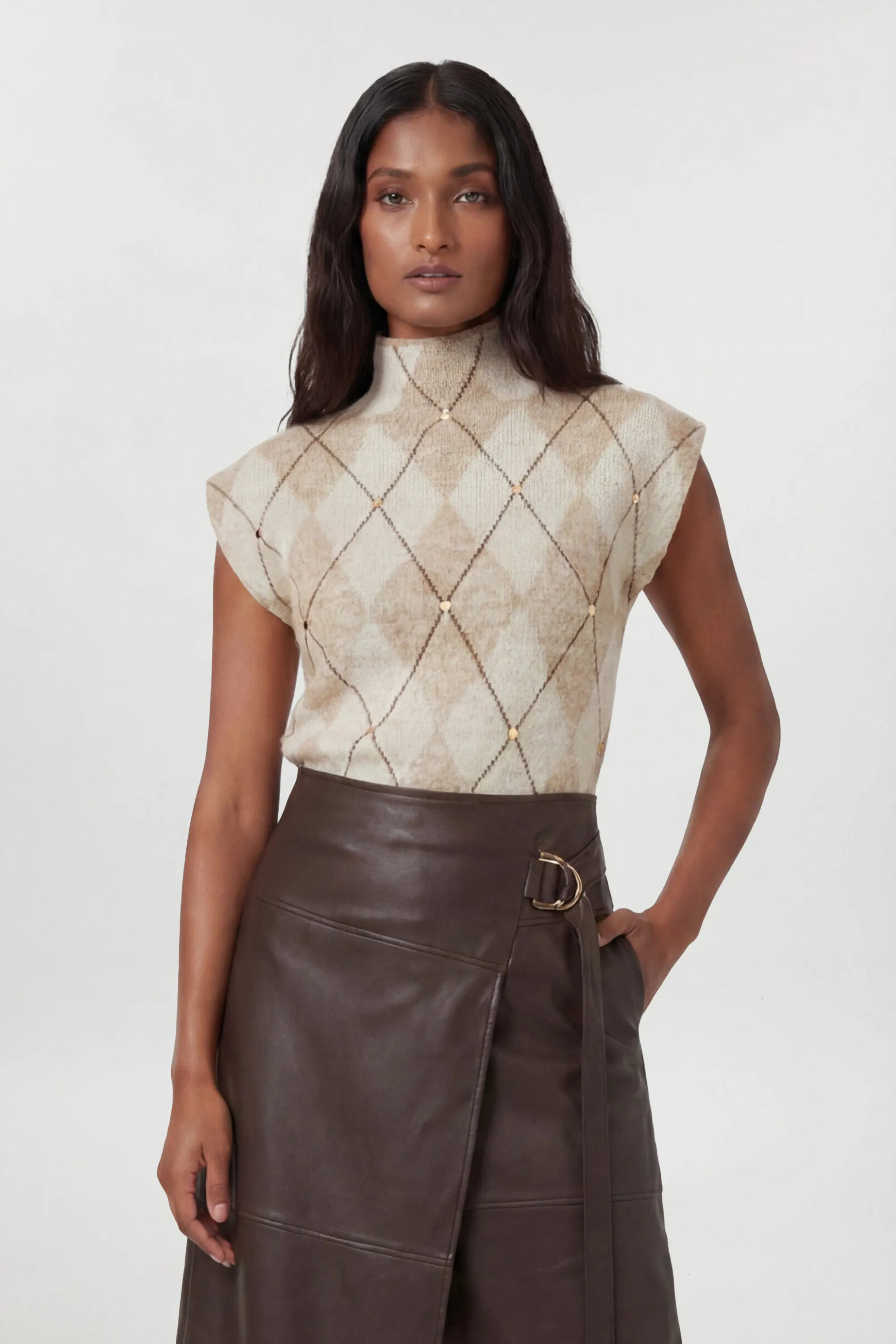 Studded Argyle Wool Blend Cosy Knitted Top | Karen Millen