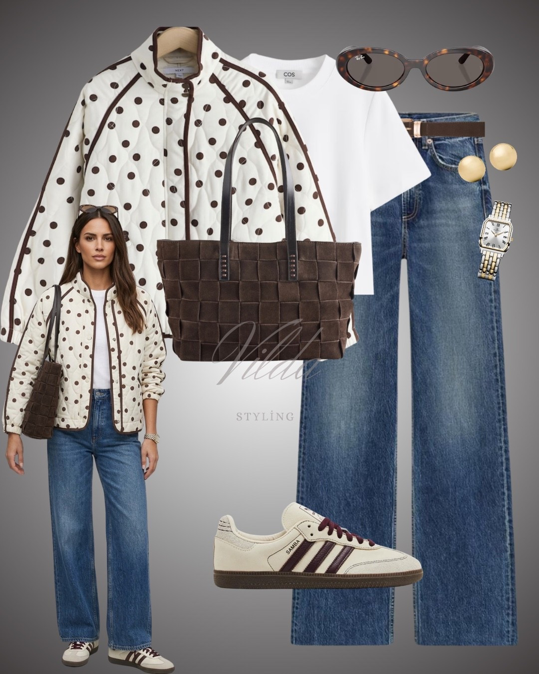 Effortlessly chic and perfect for those transitional days! ☕️✨A cream quilted jacket with chocolate brown polka dots, white COS tee, wide-leg blue denim, brown suede woven tote, iconic Adidas Sambas
#DailyLook #EffortlessChic #PolkaDotStyle #QuiltedJacket #DenimStyle #Adidas #COS


#LTKeurope #LTKstyletip #LTKspring