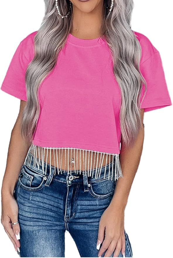 Rngeddg Women's Causal Sparkly Nashville Rhinestone Fringe Short Sleeve Crop T-Shirt Blouse Cropp... | Amazon (US)