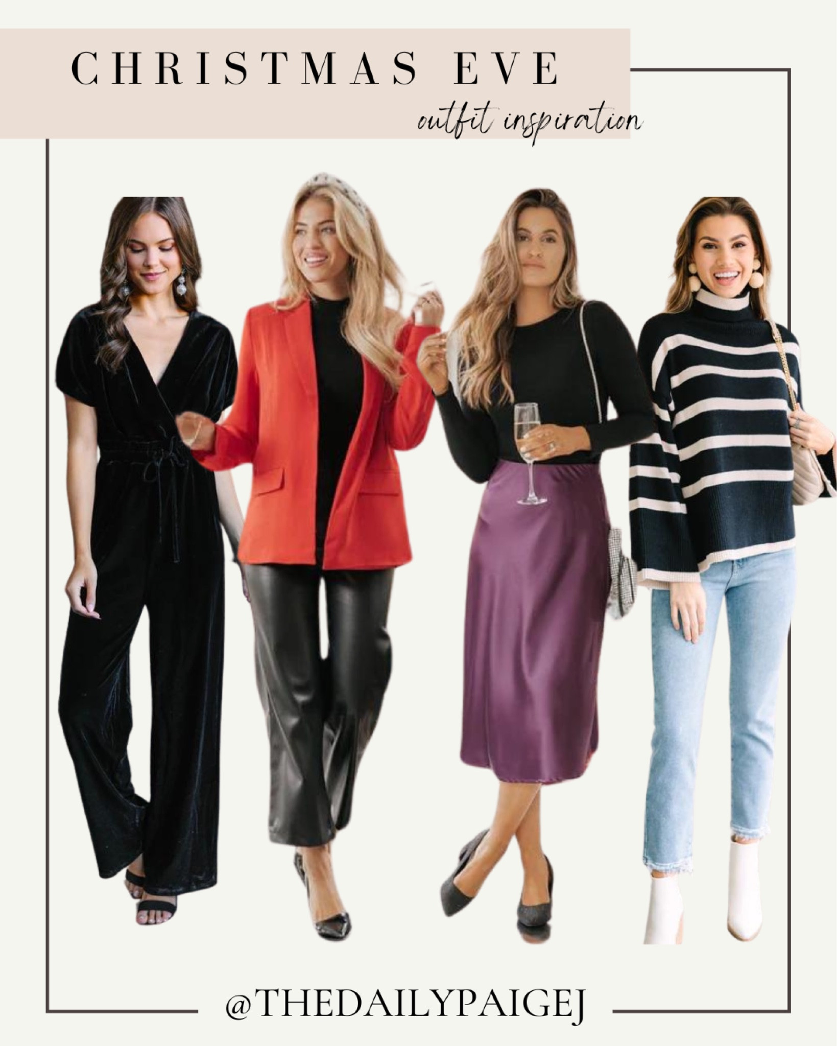 Are you still looking for a Christmas Eve outfit or a Christmas Day outfit as well? These would also be great for any holiday events coming up! If you’re looking for something casual, a red blazer would be a classic look with leather pants. If you’re looking to get a little dressed up, a satin skirt with a long sleeve blouse and heels would be perfect! 

Holiday inspiration, what to wear for the holiday, holiday blazers, striped sweaters, holiday heels

#LTKGiftGuide #LTKSeasonal #LTKHoliday