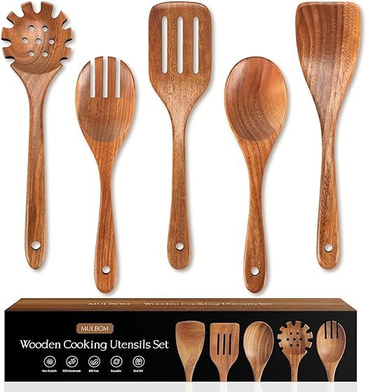 MULBOM 5 PCS Wooden Spoons for Cooking Natural Teak Kitchen Utensils Smooth Non-Stick Surface Coo... | Amazon (US)