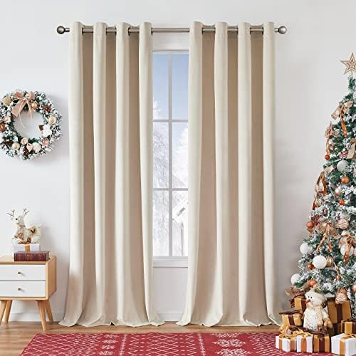Lazzzy Velvet Curtains Beige Thermal Insulated Curtains 90 inch Long Drapes for Bedroom Living Ro... | Amazon (US)