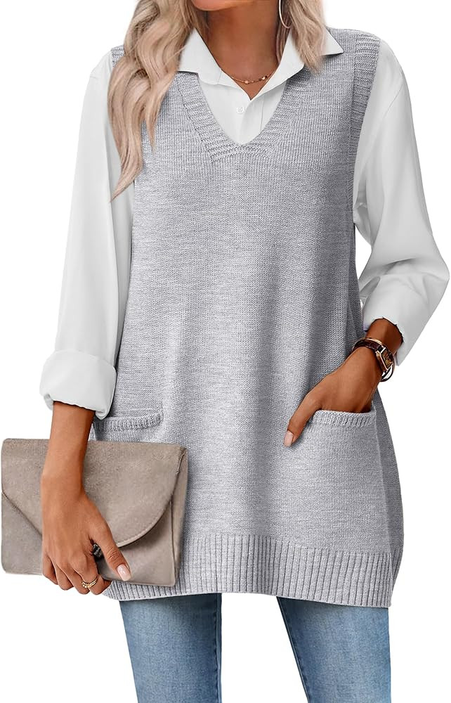 Zeagoo Women's Sweater Vest 2025 Oversized Sleeveless V Neck Pullovers with Pocket Knitted Fall O... | Amazon (US)