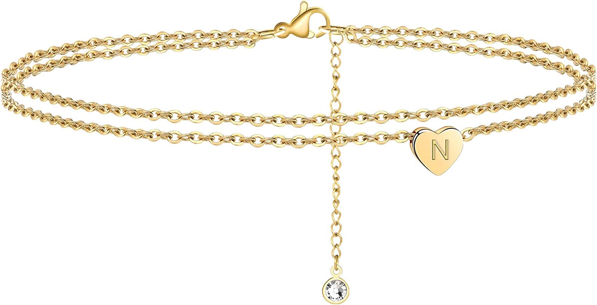 Turandoss Heart Initial Ankle Bracelets for Women, 14K Gold Filled Handmade Dainty Layered Anklet Le | Amazon (US)