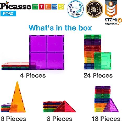 PicassoTiles 60 Piece Set 60pcs Magnet Building Tiles Clear Magnetic 3D Building Blocks Construct... | Amazon (US)