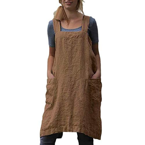 YESDOO Cotton Linen Apron Cross Back Apron for Women with Pockets Pinafore Dress for Baking Cooking,Brown,Small | Amazon (US)