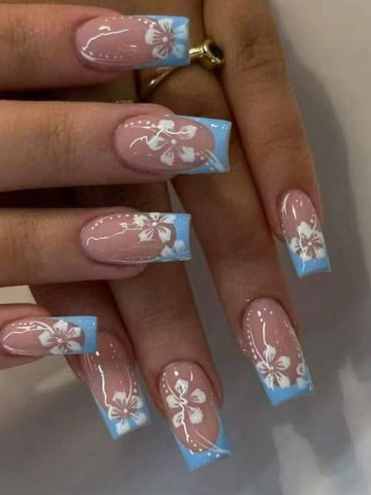 Short Square 24Pcs Hibiscus Flower Nails Design Light Blue French Acrylic Press On Nails Short Perfect Fit Fake Nail Set, Include :1Pc Jelly Glue And 1Pc Nail File,Easy To Wear Flower Nails & Summer Nails Art For Woman Girl Daily Work Wear Rave Party Use Nail Supplies Nails | SHEIN