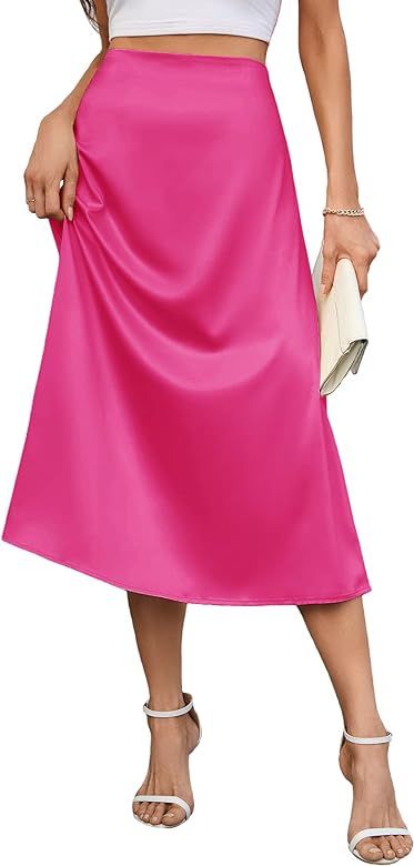 AISWI Women's 2023 Satin Midi Skirt Summer High Waist Silk A-line Swing Skirt Elegant Casual | Amazon (US)