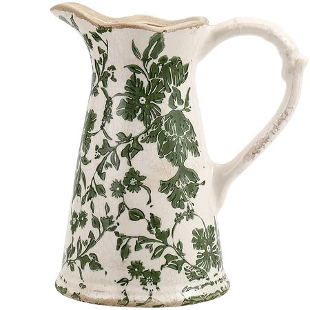 Vintage Vase for Flowers, Floral Chinoiserie Vase, Rustic Ceramic Vase with Handle, Green and White Vintage Vases, Chinoiserie Decor, Pitcher Vases for Home Decor, Shelf, Office | Walmart (US)