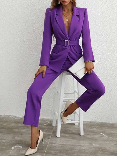 Single Button Belted Blazer & Tailored Trousers | SHEIN