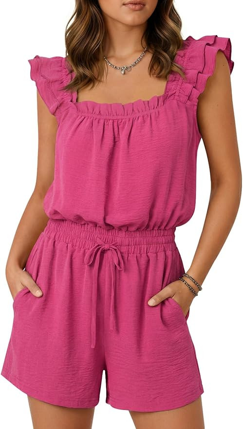 Yousify Rompers for Women Summer Casual Ruffle Sleeves Square Neck Drawstring Shorts Jumpsuit 202... | Amazon (US)