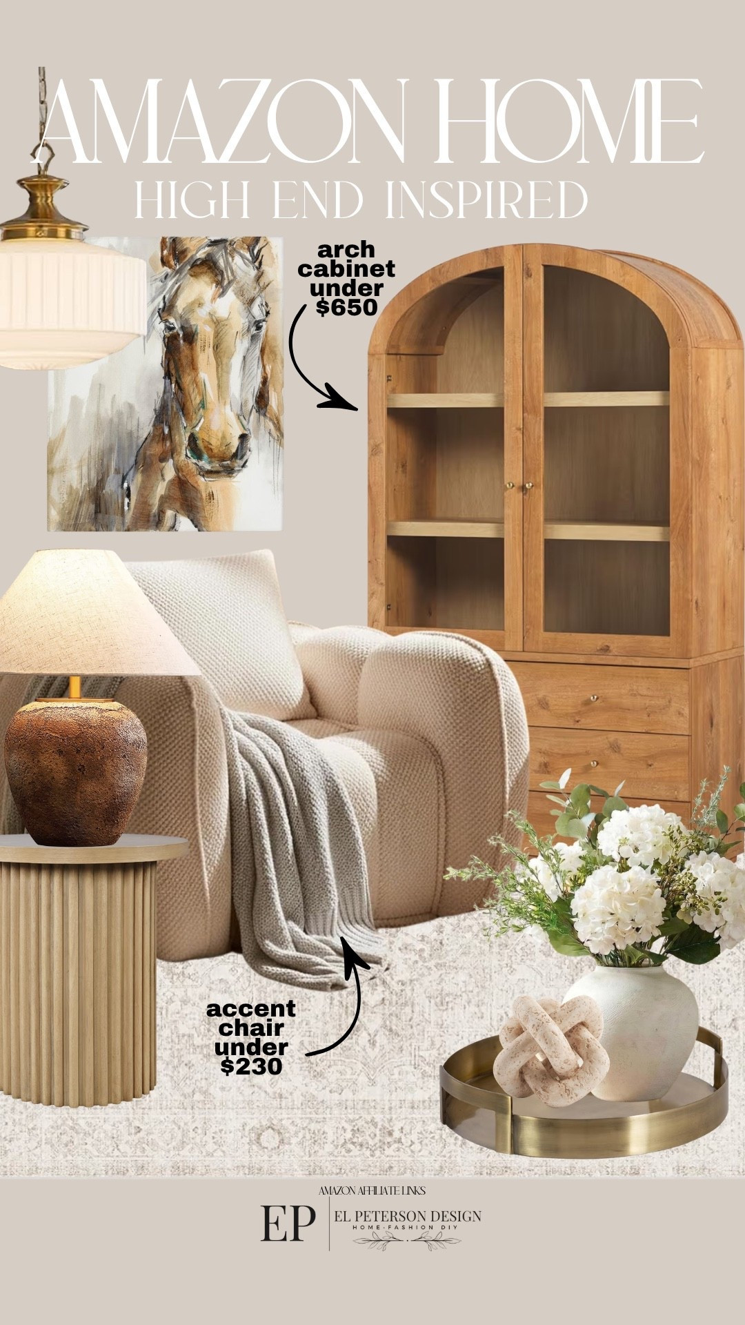 Amazon Home
Arch cabinet
Artwork
Pendant light
Accent chair
Side table 
Table lamp
Stems
Tray
Decorative knot 

#LTKHome