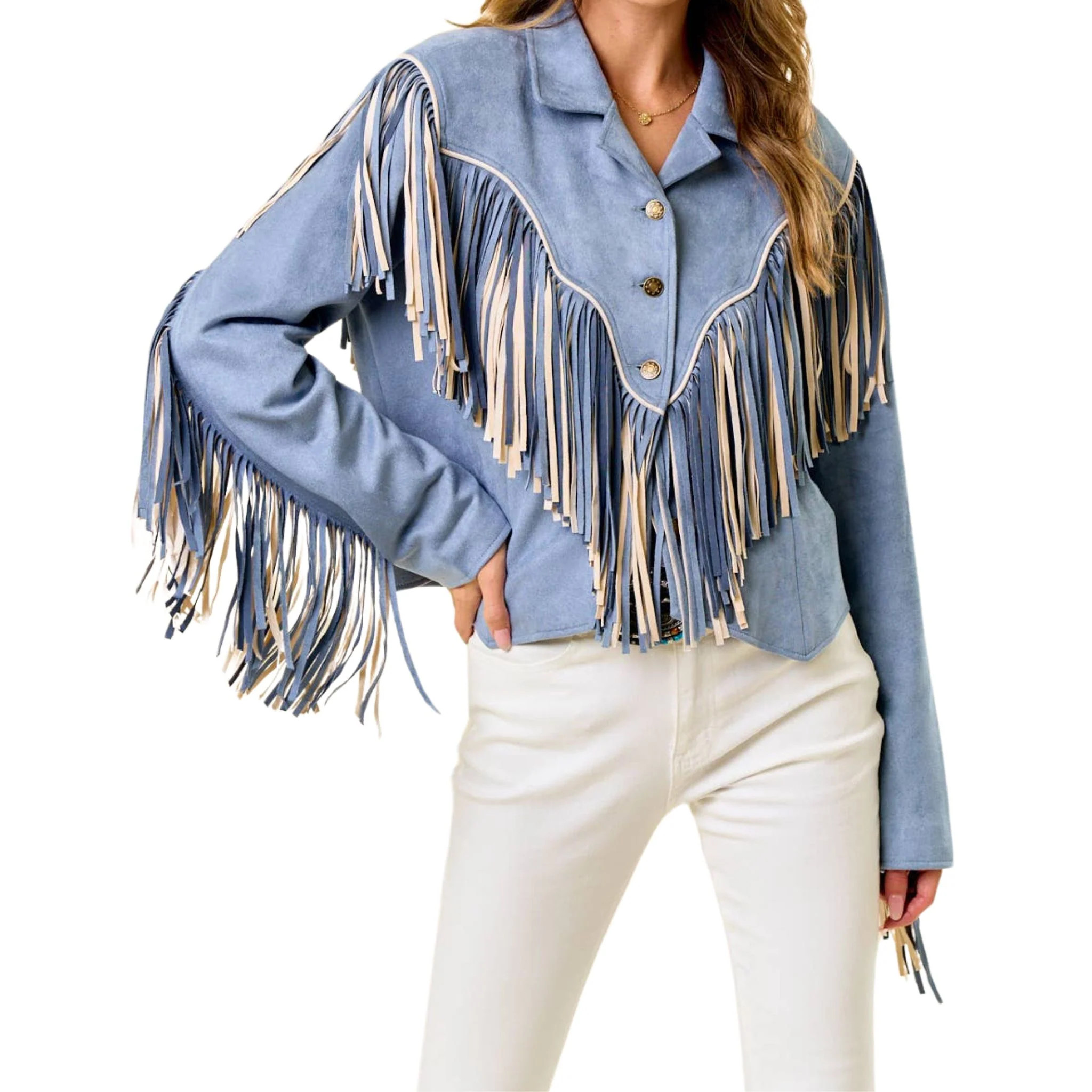 Denim Blue 2-Tone Fringe Jacket | Christina Greene 