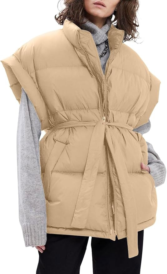 Langwyqu Women Oversized Puffer Vests Sleeveless Stand Collar Zipper Puffy Jackets with Belt | Amazon (US)