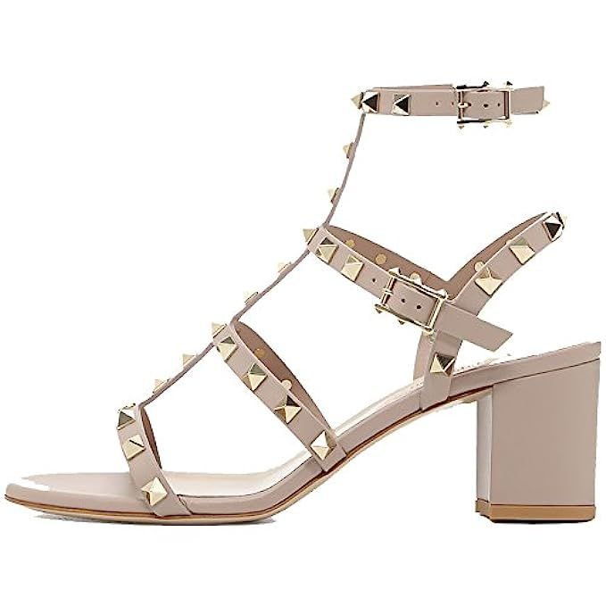 Comfity Sandals for Women,Rivets Studded Strappy Block Heels Slingback Gladiator Shoes Cut Out Dress | Amazon (US)