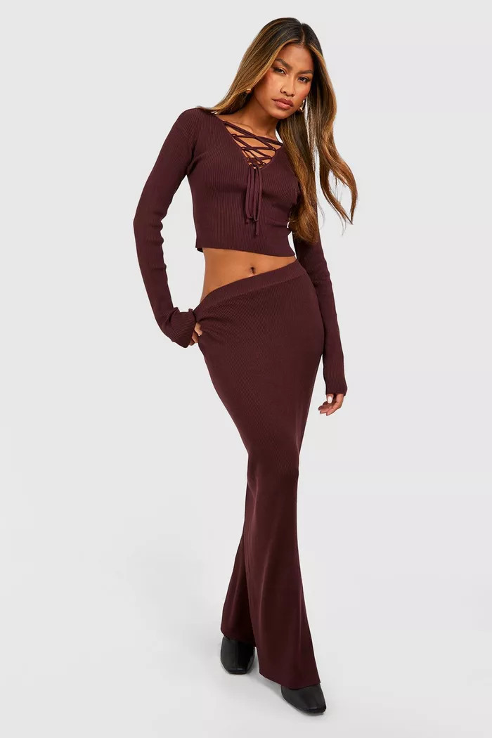 Rib Knit Lace Up Top And Maxi Skirt Set | Boohoo.com (UK & IE)