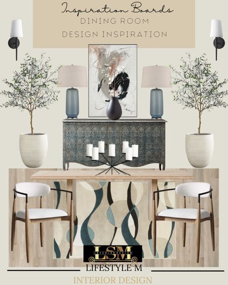 Dining Room inspiration. Get the look by shopping the pieces below. Dining rug, dining chairs, dining table, credenza buffet console, white planters, faux olive tree, decorative candle holder, table lamp, black vase, wall art, wall sconce light, wood floor tile. 

#LTKstyletip #LTKhome #LTKSeasonal