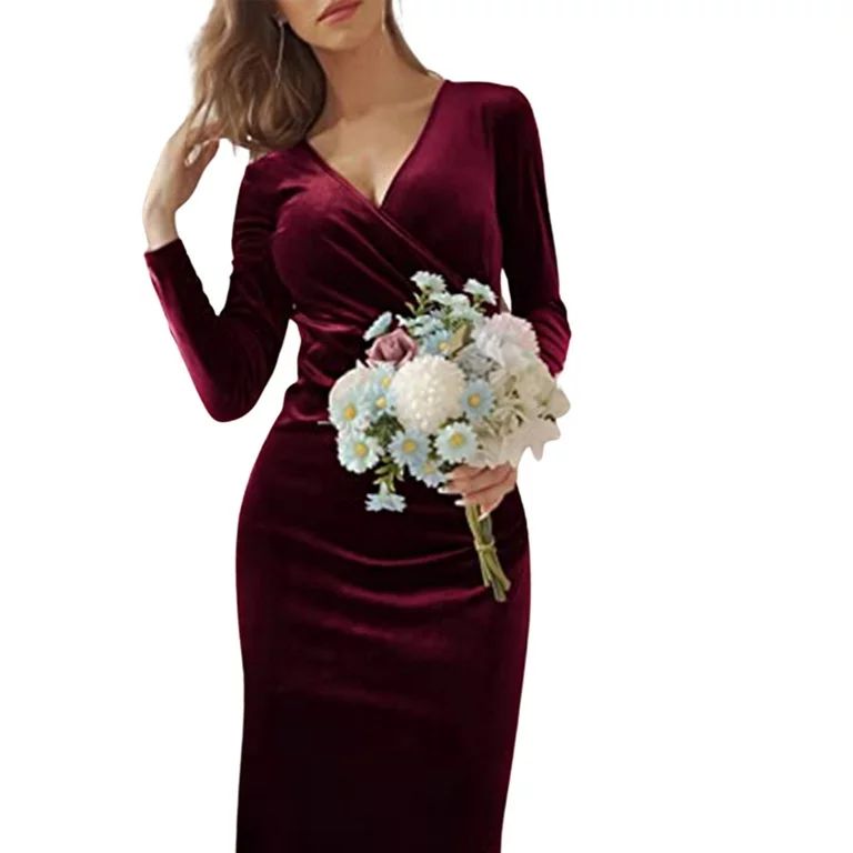Women's Velvet Dress Long Sleeve V Neck Wrap Bodycon Pencil Formal Dresses Pleated Maxi Dress - W... | Walmart (US)