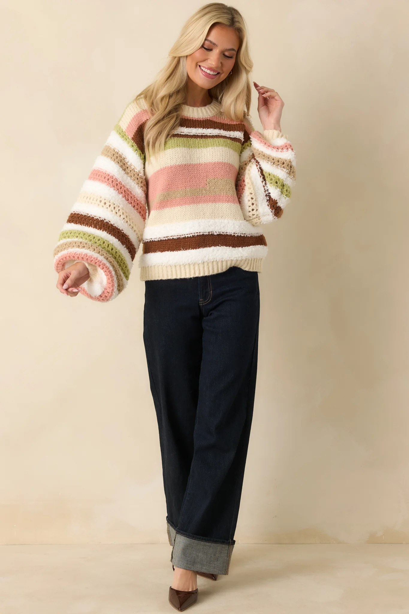 Line It Up Ivory Multi Textured Stripe Oversized Sweater | Red Dress