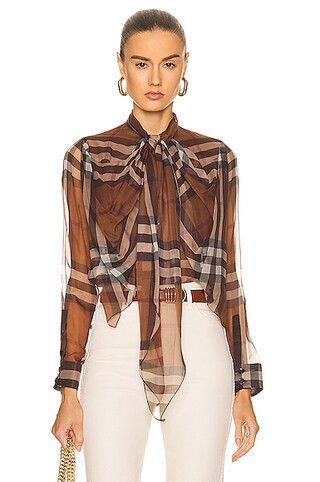 Burberry Chiffon Check Blouse in Dark Birch Brown IP | FWRD | FWRD 