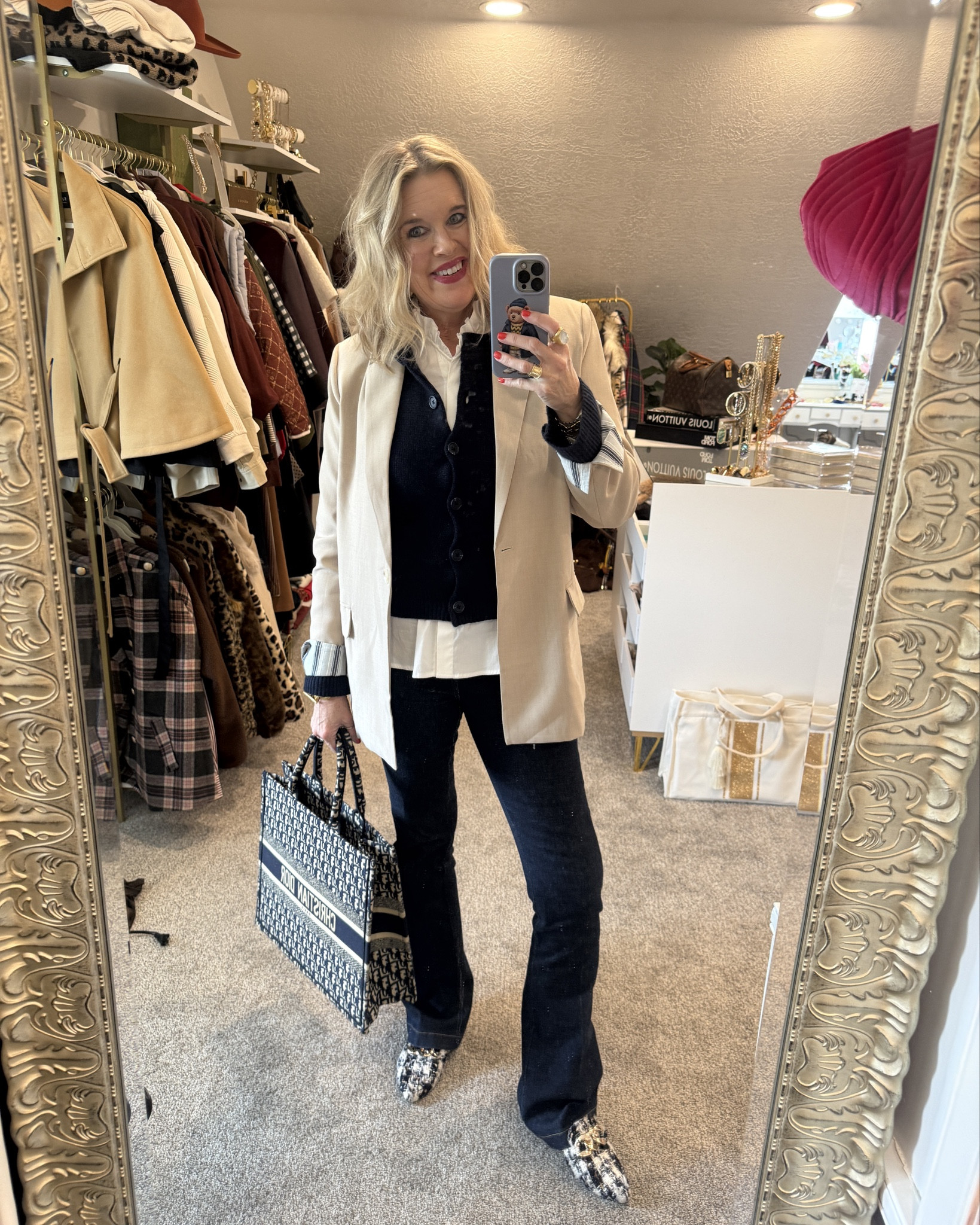 Outfit of the Day 

What I wore to a lunch with a girlfriend..🤍 
This look could be worn for many occasions, workwear- coffee date- helping at school- volunteering meetings- appoints etc 

Spanx is having a big SALE 
Things not on sale use code: Deardarcyxspanx 

Dark seemed denim fit tts and are sliming and elongate the legs. 

Frank & Ellen white button up with ruffle trims  fit tts 

Quince button up cashmere cardigan tts in a small 

This cute blazer with stripe detail cuff  fits tts and so affordable, it’s very lightweight great for spring/summer 

Dior tote 

Julie Vos bold gold Jewelry 
Big gold link bracelet, thinner bold gold link bracelet 
Gold hoops and big ring.

Steve Madden tweed shoes with gold chain detail (old) Steve Madden  (linked similar)


#LTKWorkwear #LTKSaleAlert #LTKOver40