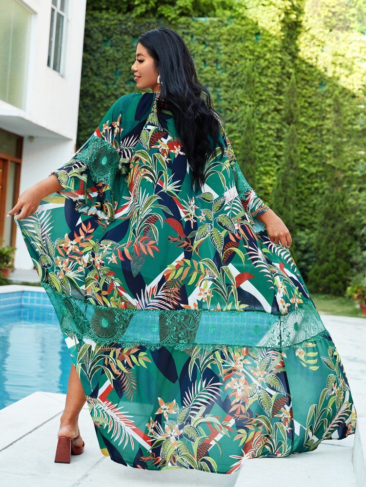 SHEIN Plus Lace Detail Tropical Print Kimono | SHEIN