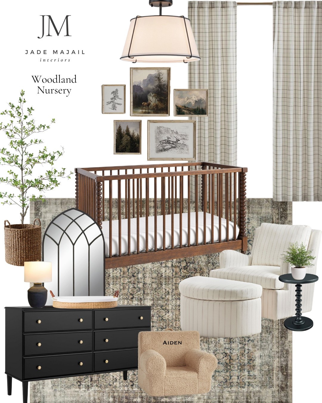 Woodland nursery design 🦌🧸🐻
This is the mood board I am using for my own sons nursery 💙

Ps the lamp could not be linked, but it is from Kirklands. 

Boy nursery wall art, plaid curtains, semi flush mount, black side table, spindle wood crib, faux tree, black dresser, mirror, nursery glider, moody area rug