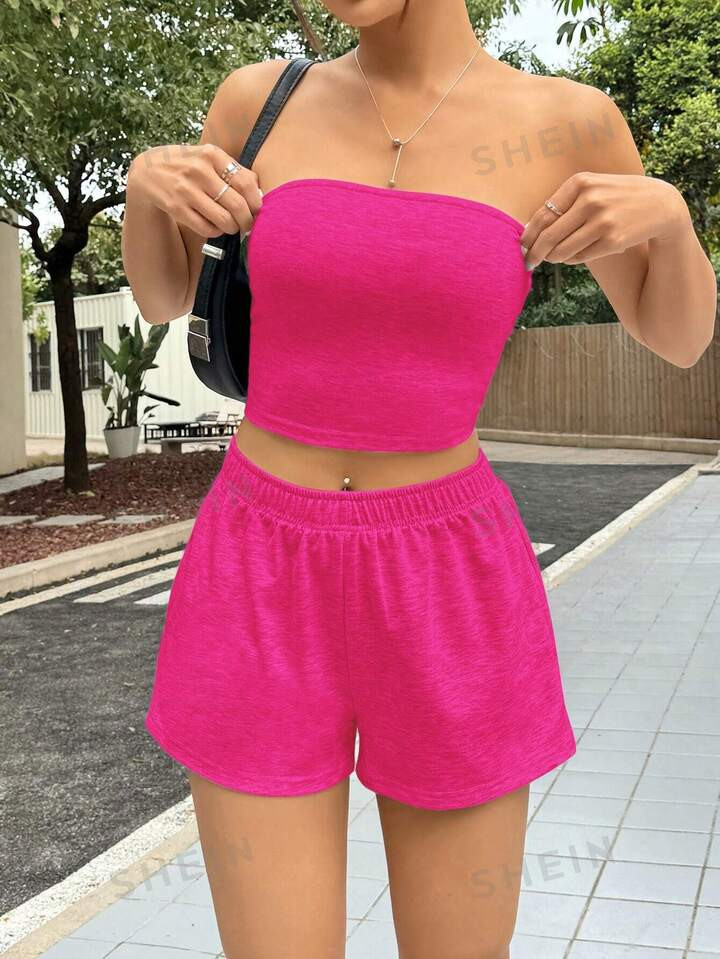 SHEIN EZwear Ladies' Bright Pink Strapless Top And Shorts Set For Everyday Spring And Summer Outf... | SHEIN