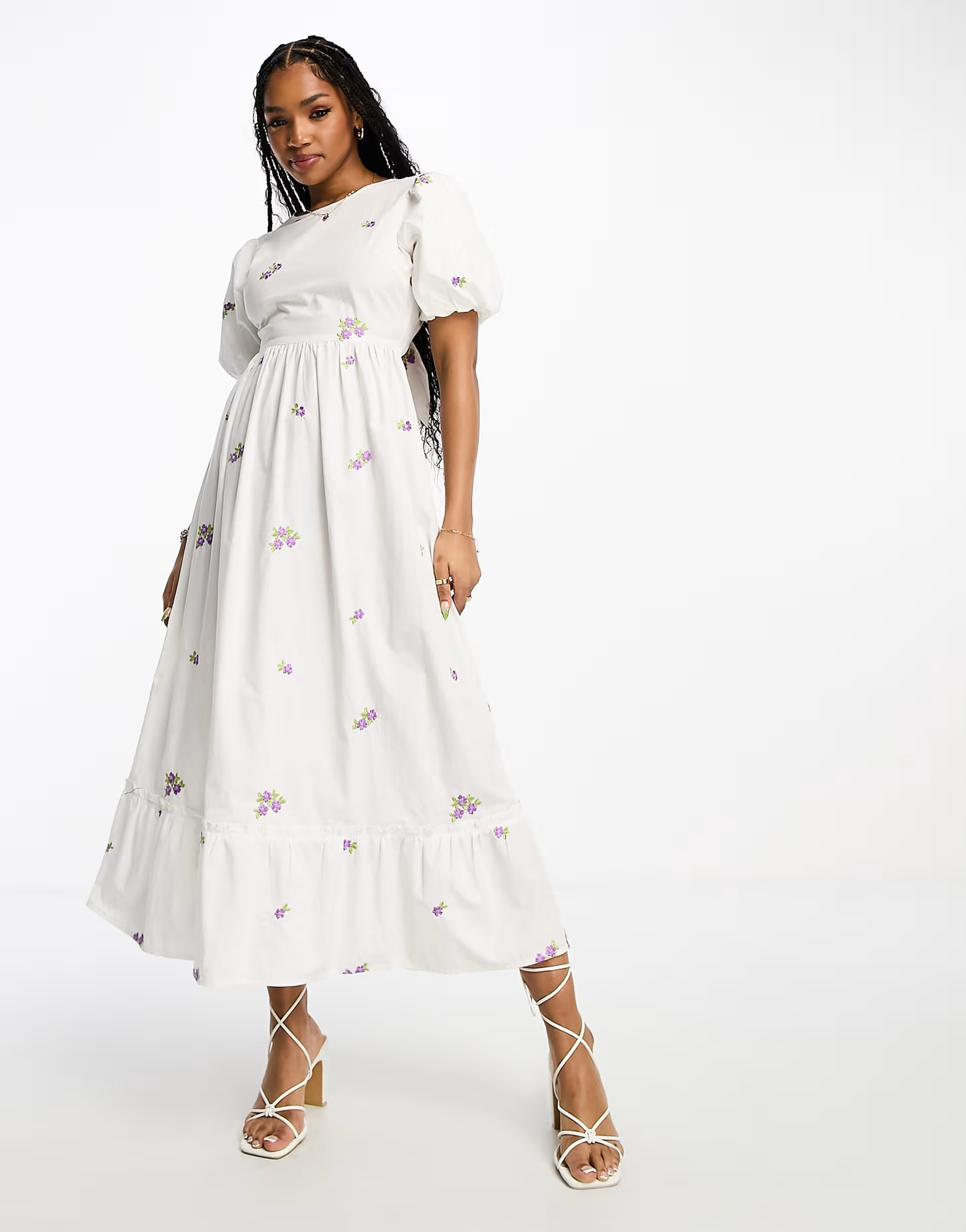 Miss Selfridge poplin embroidered tiered bow back maxi in ivory | ASOS (Global)