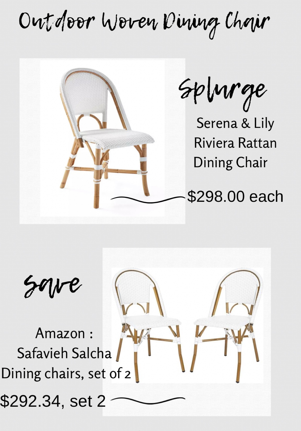 SPLURGE vs. SAVE
Outdoor woven dining chairs 

Serena & Lily - $298 per chair
Safavieh on Amazon - $292, set of 2

The Safavieh chairs are available at several stores online - I will link them here. 

#LTKFind #LTKSeasonal #LTKhome
