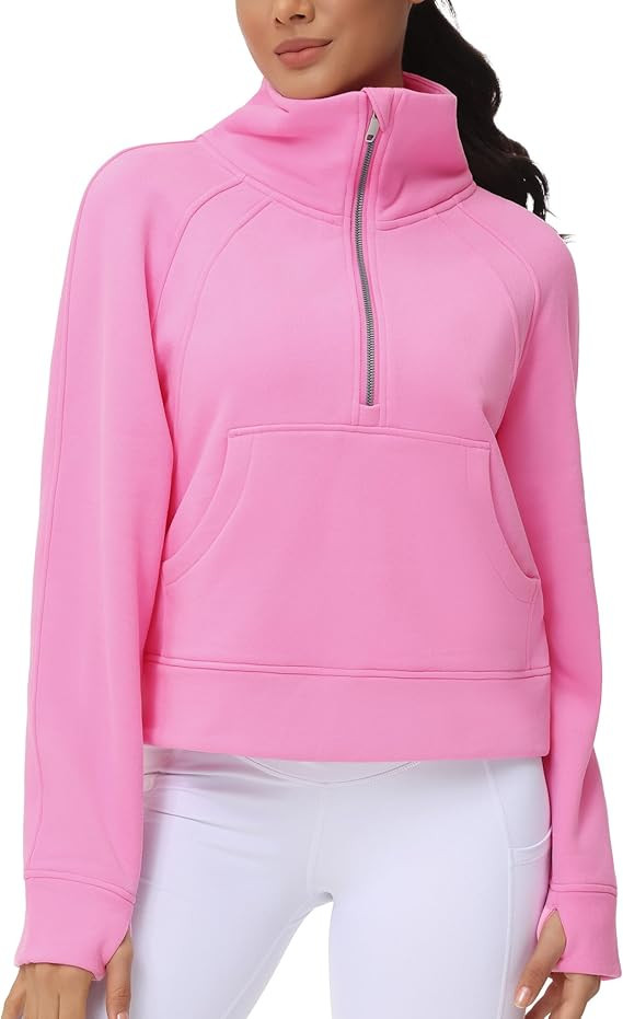 THE GYM PEOPLE Womens' Half Zip Pullover Fleece Stand Collar Crop Sweatshirt with Pockets Thumb H... | Amazon (US)