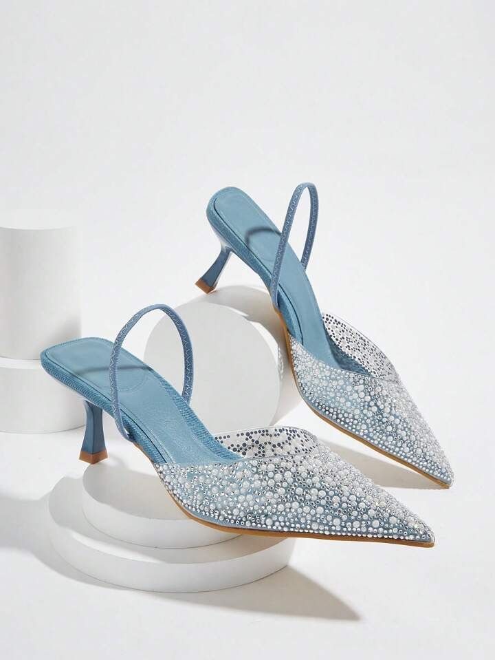 Elegant Blue High Heel Sandals With Pointed Toe, Pearl & Rhinestone Detail, Ankle Strap. Suitable... | SHEIN