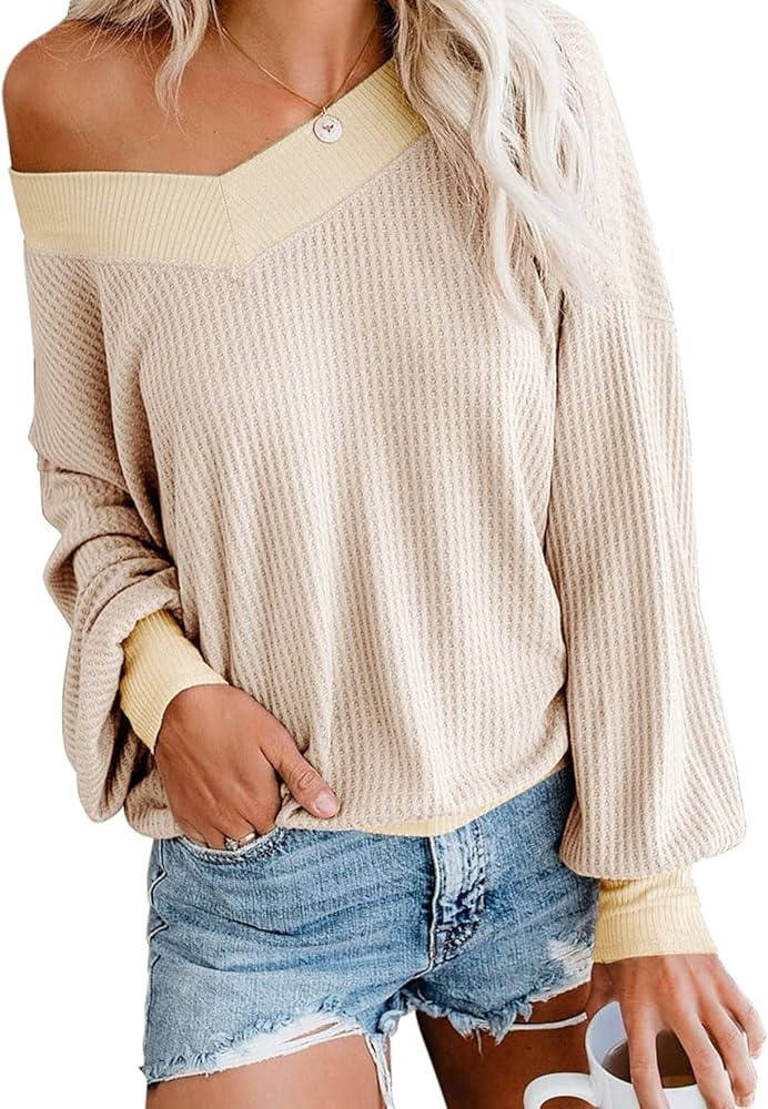 Adreamly Women's V Neck Long Sleeve Waffle Knit Top Off Shoulder Oversized Pullover Sweater | Amazon (US)