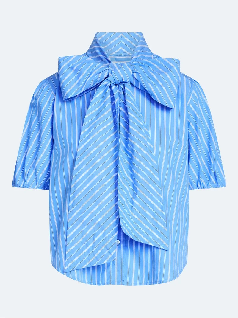 Free Assembly Women's Cotton Bow Blouse with Short Puff Sleeves, Sizes XS-XXL | Walmart (US)