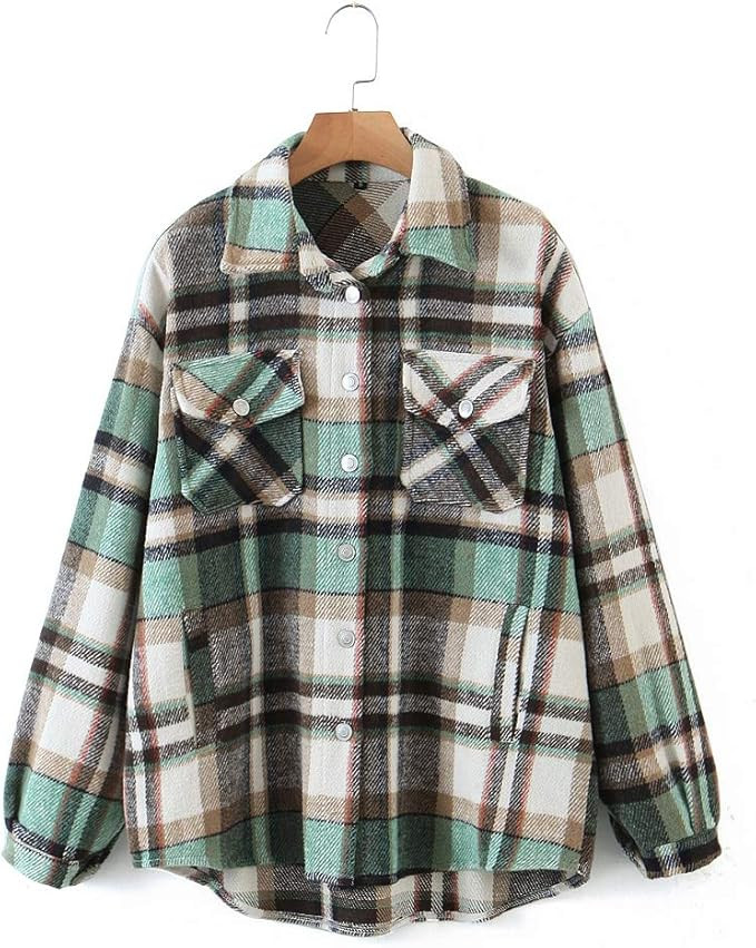 Womens Casual Wool Blend Plaid Lapel Button Down Long Sleeve Shacket Jacket Coat Winter Loose Ove... | Amazon (US)