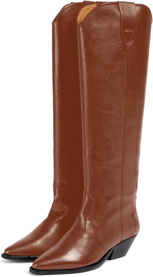 Women's Chunky Heel Pointed Toe Knee High Boots Pull On Closed Toe Tall Boots Low Heel Fashion Lo... | Amazon (US)